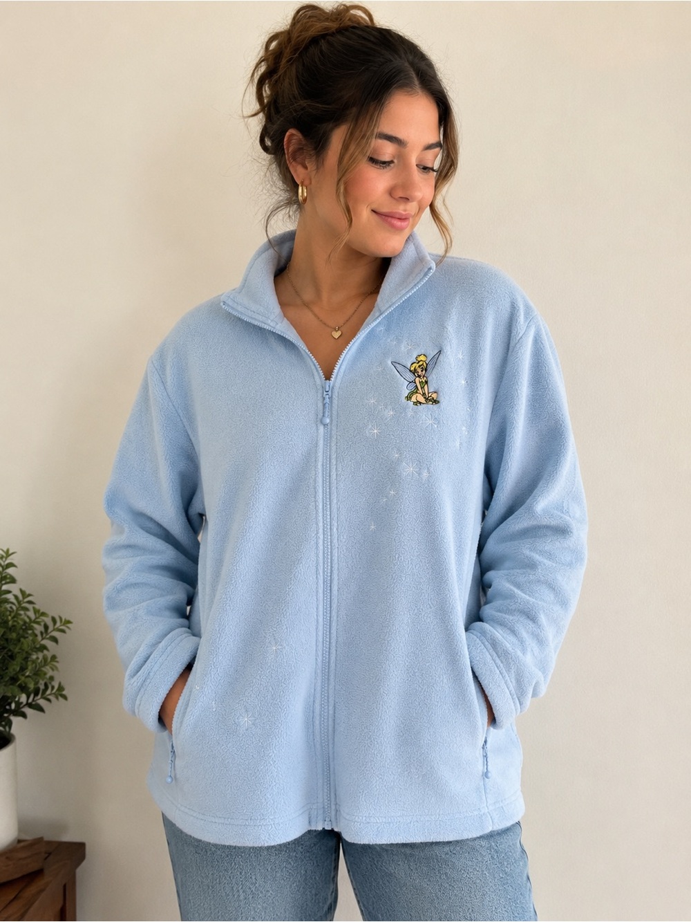 Disney Store Tinker Bell Blue Fleece Zip-Up Jacket XXL Fairy Sparkle Embroidered